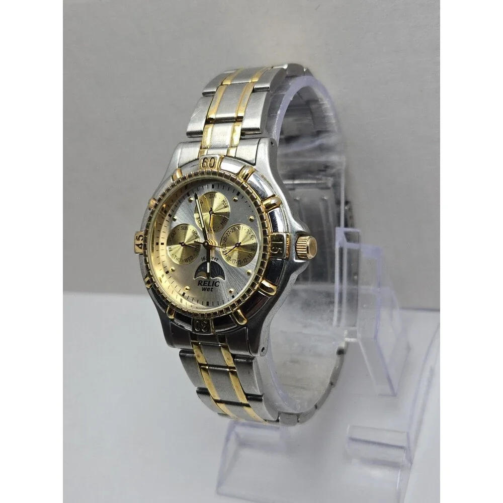 Vintage Relic Wet Mens Moon Phase Calendar Two Tone Stainless Quartz New Battery